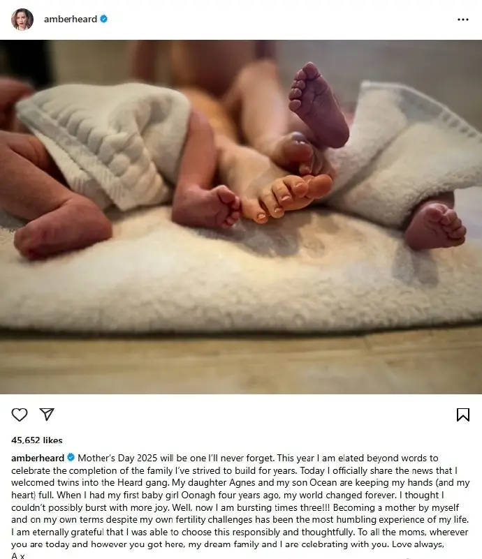 艾梅柏宣布自己在母亲节生下一对双胞胎：我的幸福翻了三倍